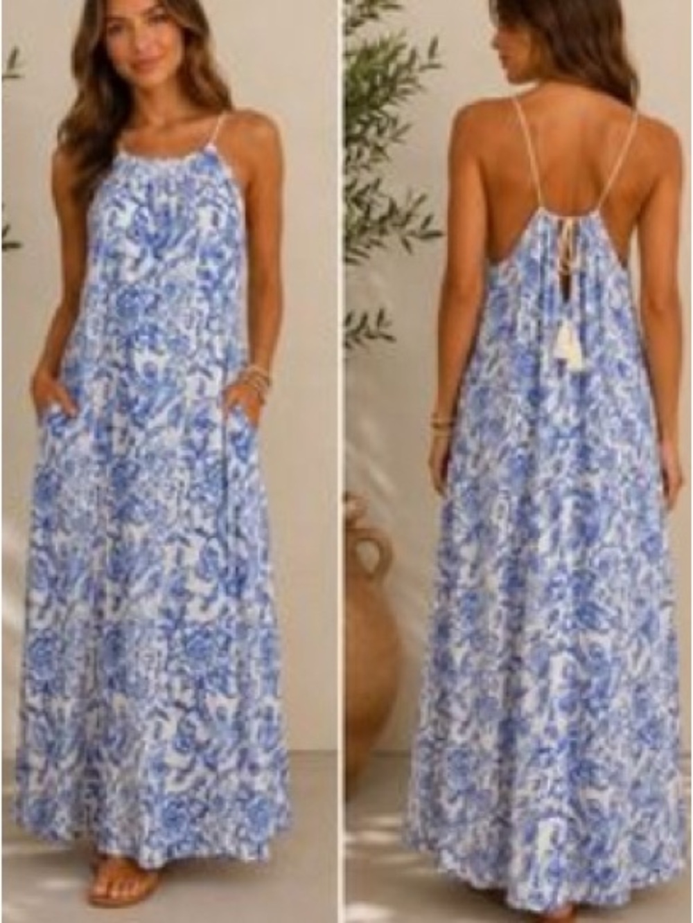 Caroline Constas Blue and White Linen Blend Halter Maxi Dress